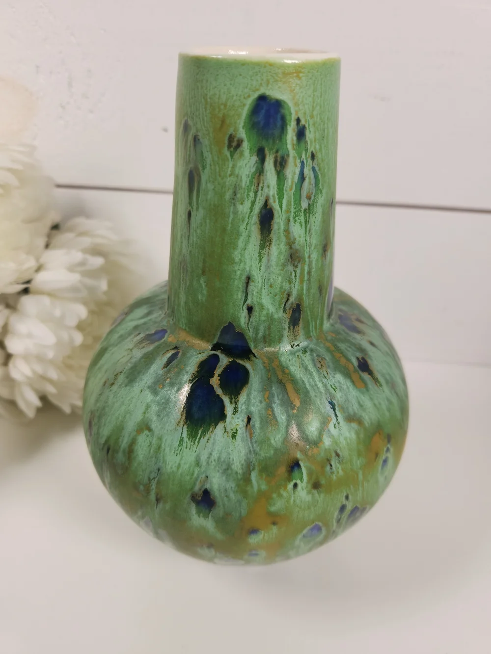 Vintage Peacock Feather Design Pottery Vase | Green & Blue Glazed Art Vase